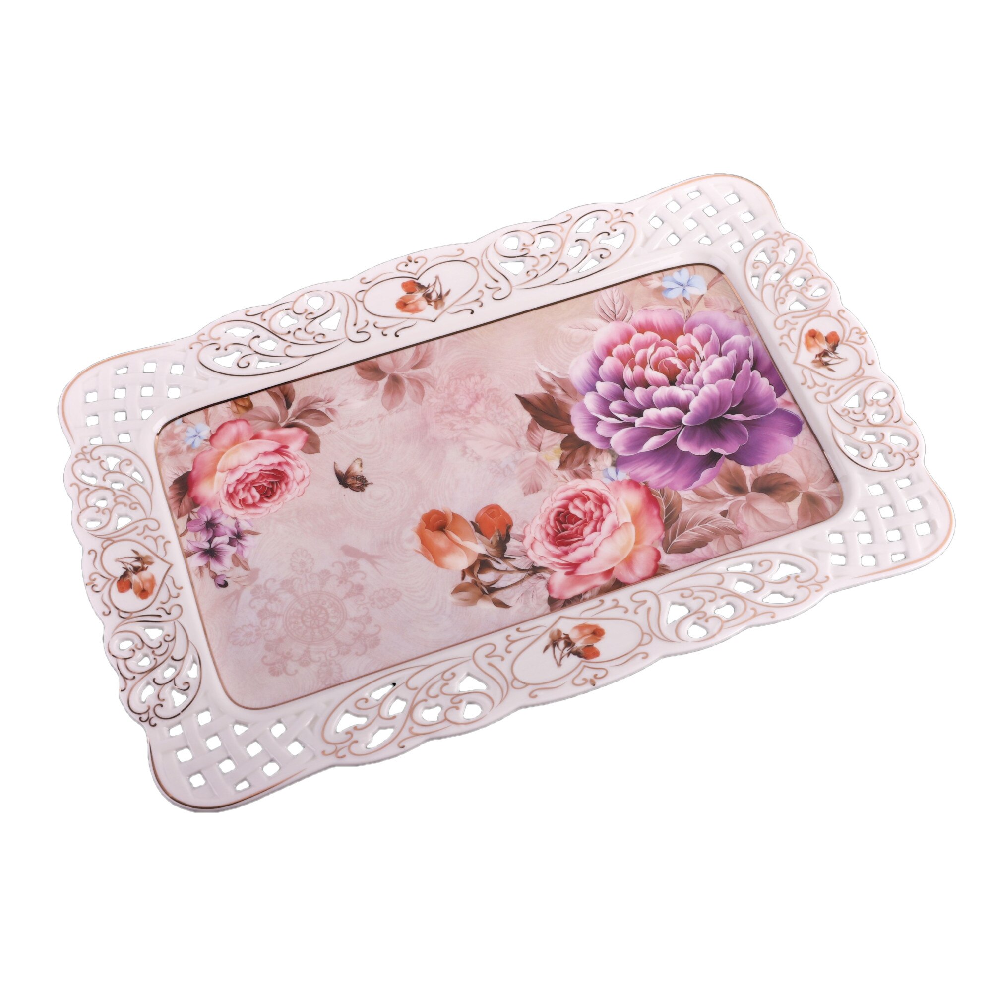 Platou servire , bordura dantelata ,imprimeu floral, 36,5 * 2,5 * 3 c, Forma dreptunghiulara, G