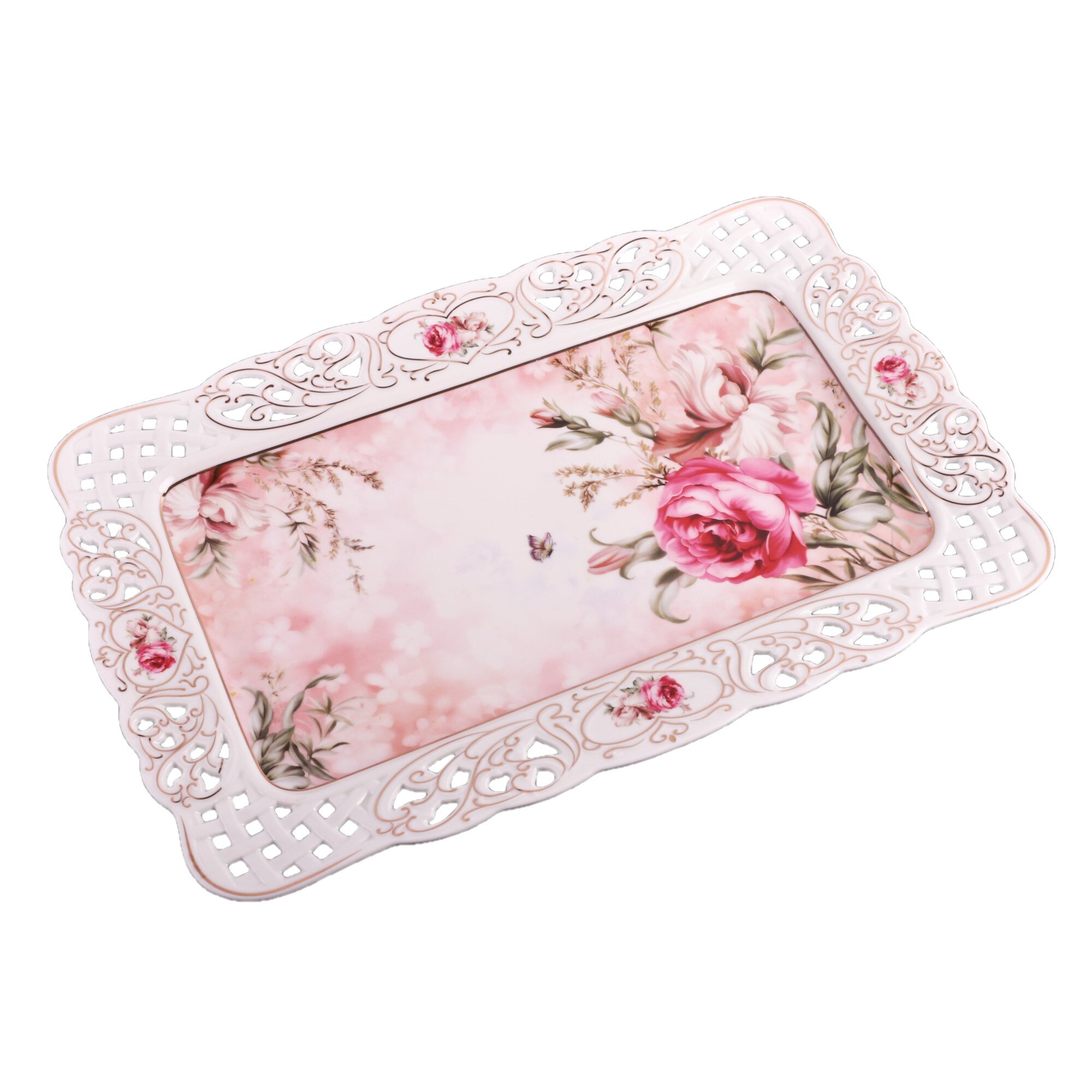 Platou servire , bordura dantelata ,imprimeu floral, 36,5 * 23,5 * 3 cm, Forma dreptunghiulara, P