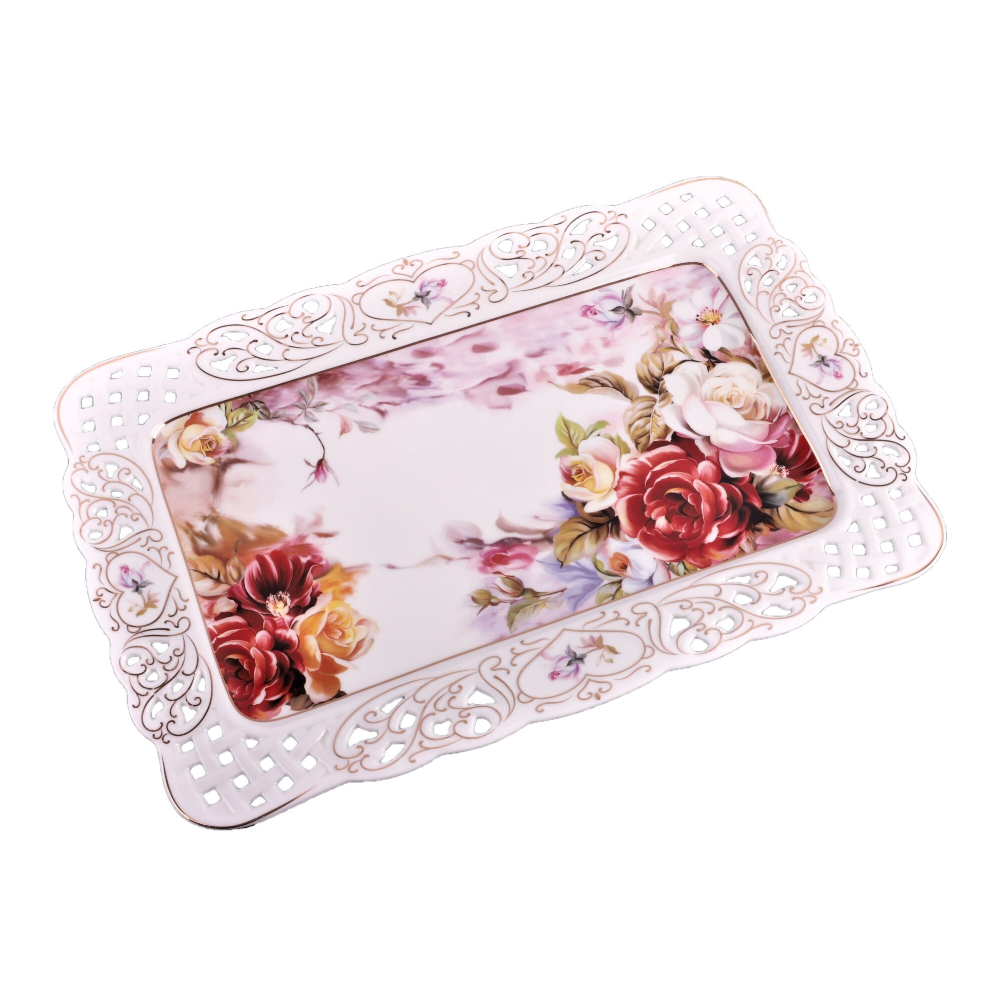 Platou servire , bordura dantelata ,imprimeu floral, 36,5 * 23,5 * 3 cm, Forma dreptunghiulara