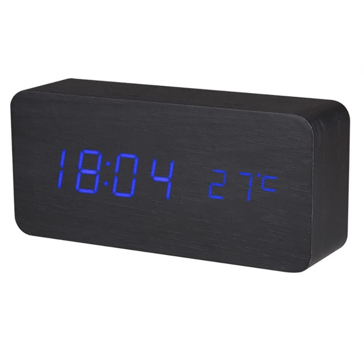 Ceas digital LED, textura Lemn, Wood Style, Alarma, afisaj Temperatura, Data, Negru