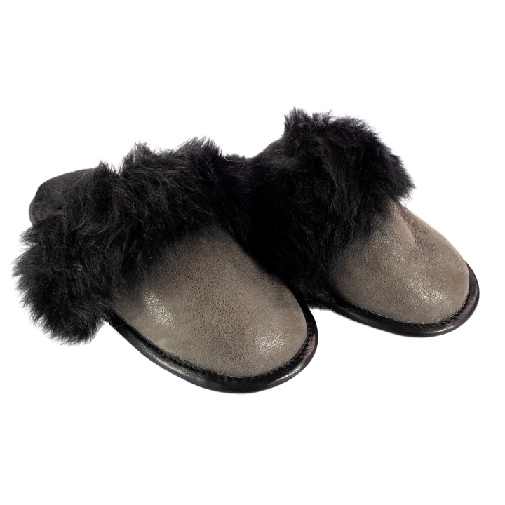 Papuci de casa din blana naturala de miel, confortabila, model de dama, Negru/Maro, 44