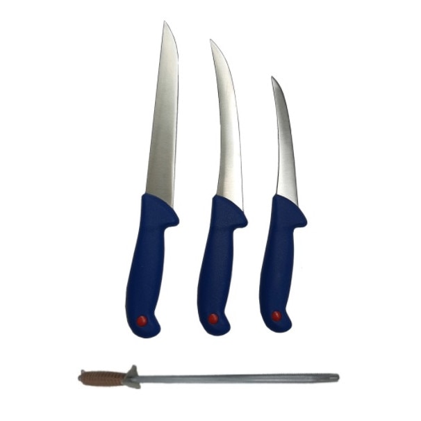 Set 4 produse format din 3 Cutite profesionale pentru macelarie DOW, dezosat, transat, maner material plastic anti alunecare si una masat profesional.