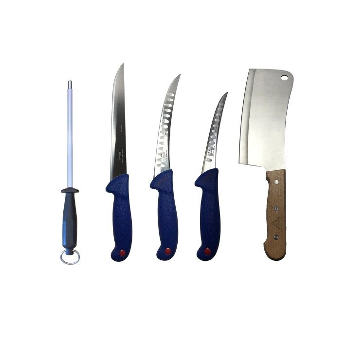 Set profesional de macelarie DOW, injunghiat, transat, dezosat, filetat, 3 cutite, satar, masat pentru ascutit.