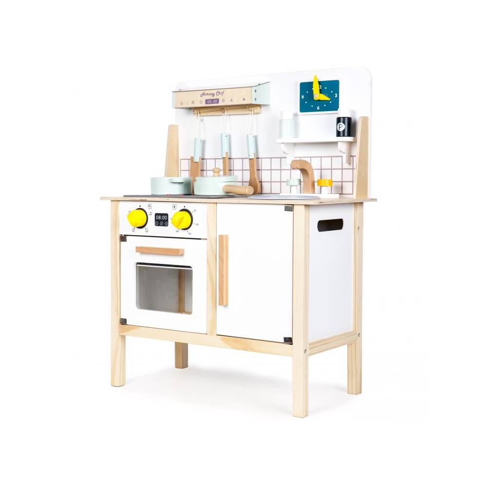 Bucatarie de Jucarie din Lemn pentru Copii, Bigshot BS2093WN, 7 Accesorii din Lemn, Cuptor, Chiuveta, Sunete, 75 x 29.5 x 59.5 cm, Alb - Natur