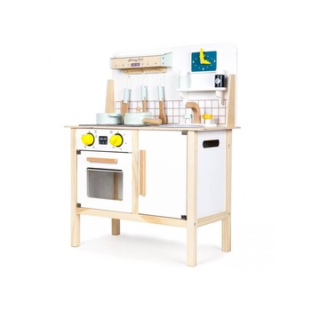 Bucatarie de Jucarie din Lemn pentru Copii, Bigshot BS2093WN, 7 Accesorii din Lemn, Cuptor, Chiuveta, Sunete, 75 x 29.5 x 59.5 cm, Alb - Natur Bucatarie de Jucarie din Lemn pentru Copii, Bigshot BS2093WN, 7 Accesorii din Lemn, Cuptor, Chiuveta, Sunete, 75 x 29.5 x 59.5 cm, Alb - Natur