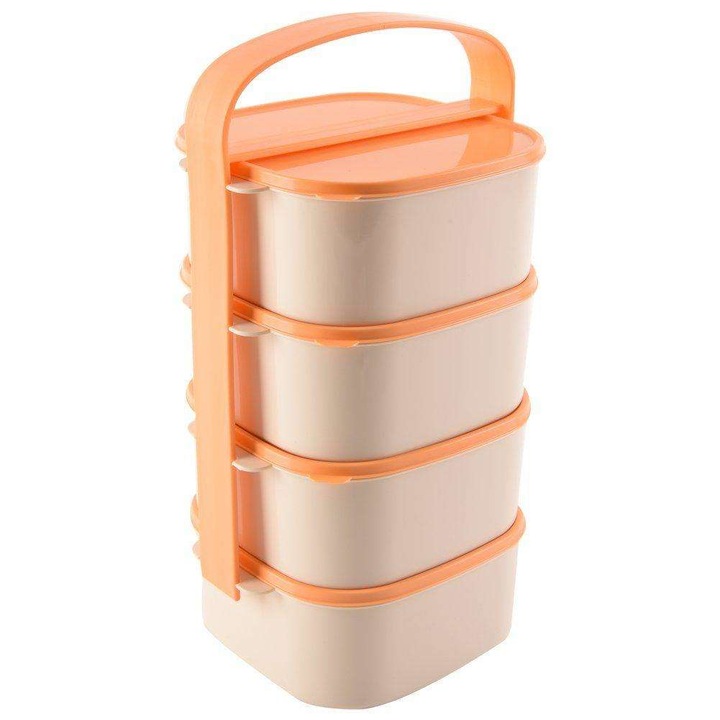 Caserola, Orion, Transport Alimente, 4 Compartimente, Capacitate 1.15 L, 15 x 15 x 31 cm, Plastic, Bej