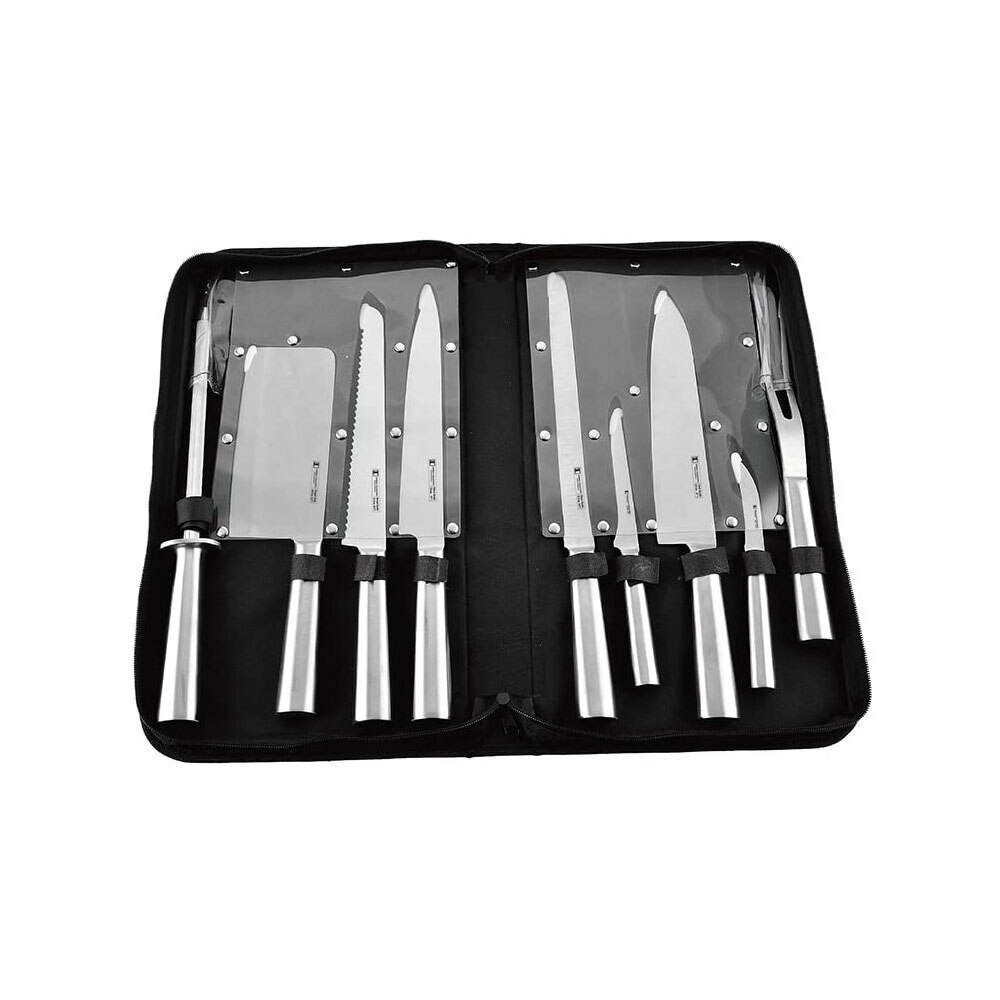 Set cutite cu geanta Timeless Tools, 7 cutite, ascutitor si furculita pentru carne