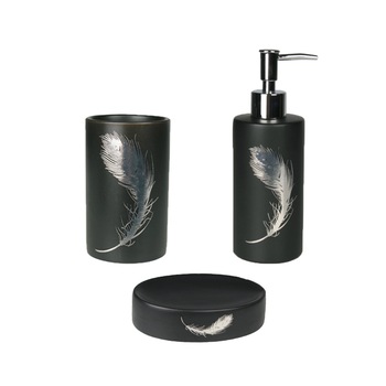 Set accesorii baie Dispenser sapun, Pahar suport periute si Savoniera, FLAKES, Negru Set accesorii baie Dispenser sapun, Pahar suport periute si Savoniera, FLAKES, Negru