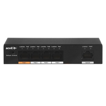 Switch cu 4 porturi PoE, Acvil, PFS-4POE, 1 port uplink, 1.8 Gbps, 744 Kbps, PoE Watchdog, fara management Switch cu 4 porturi PoE, Acvil, PFS-4POE, 1 port uplink, 1.8 Gbps, 744 Kbps, PoE Watchdog, fara management