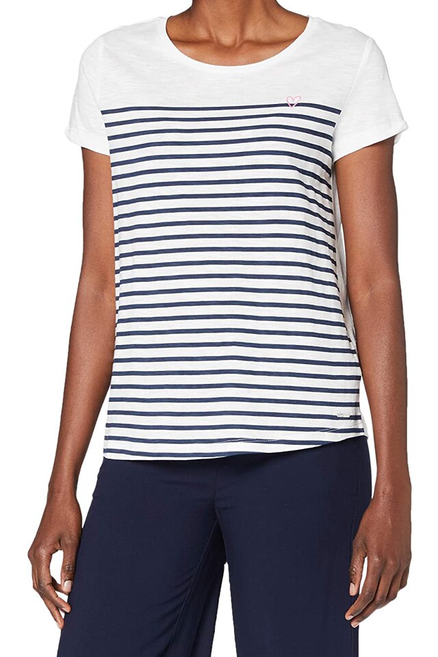 Tricou dama 'Printed Stripe Slub Tee' Tom Tailor, alb/albastru, S