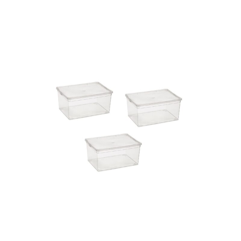 Set 3 cutii de depozitare cu capac, transparenta, plastic, 37x27x15 cm