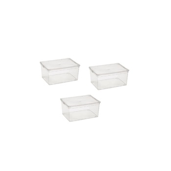 Set 3 cutii de depozitare cu capac, transparenta, plastic, 37x27x15 cm Set 3 cutii de depozitare cu capac, transparenta, plastic, 37x27x15 cm
