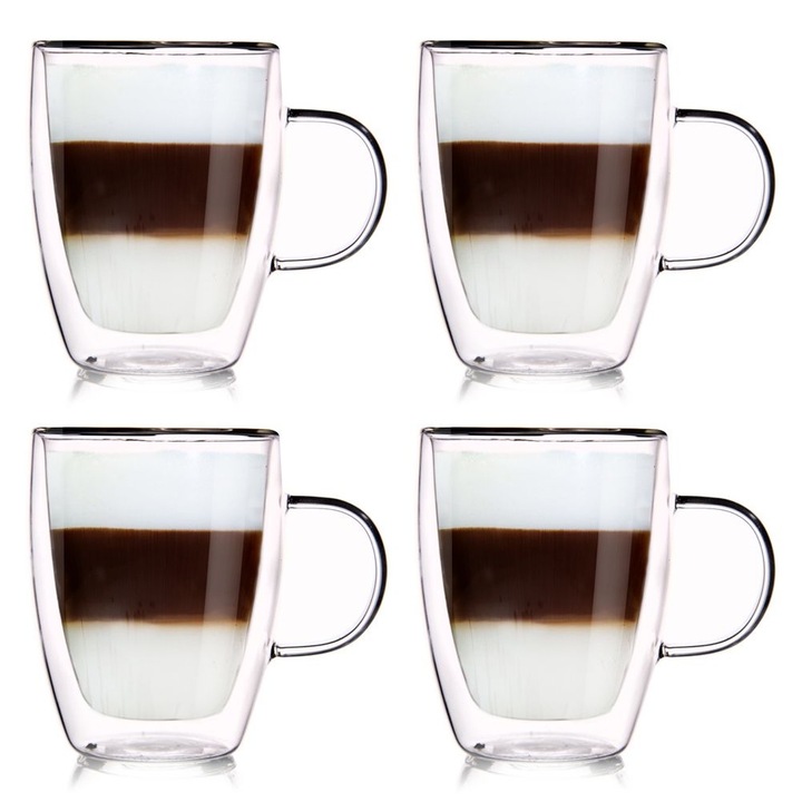 Set 4 cani pentru ceai/cafea, Orion, Sticla, Transparent, 300 ml