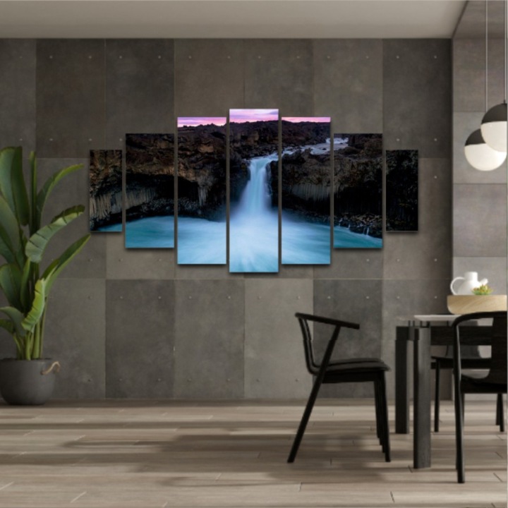7 db Multicanvas festményből álló készlet, Vízesés, Aldeyjarfoss 129, UV nyomat elülső megvilágítású PVC vászonra és fa keretre feszítve, 190x100 cm