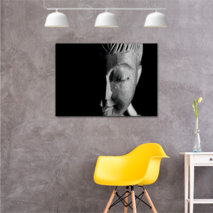 Vászonfestmény, 1 db, Buddha fekete-fehér 140, UV nyomat elöl megvilágított PVC vászonra és fa keretre feszítve, 70x50 cm