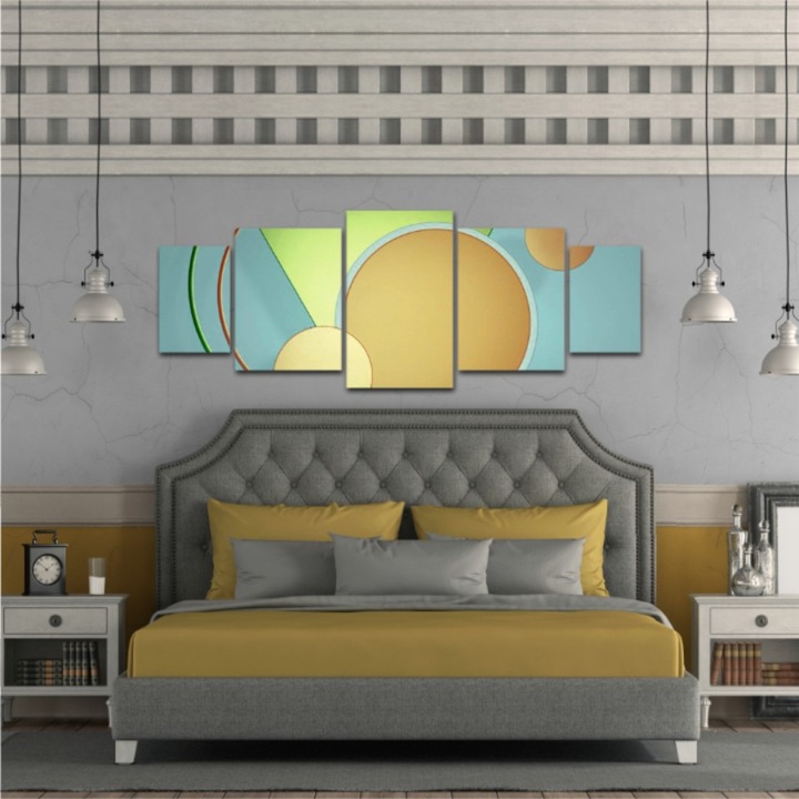 5 db-os multivászon festmény készlet, 144-es geometriai formák, UV nyomat elülső megvilágítású PVC vászonra és fa keretre feszítve, 130x50 cm