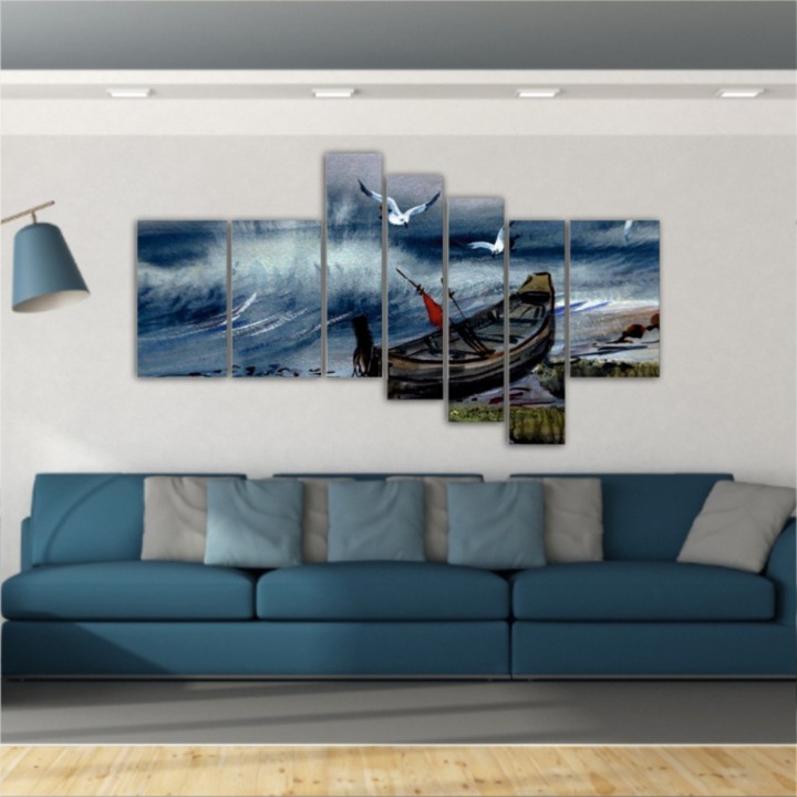 7 db-os Multivászon festmény készlet, Csónak, sirályok, hullámok 157, UV nyomat elöl megvilágított PVC vászonra és fa keretre feszítve, 220x130 cm