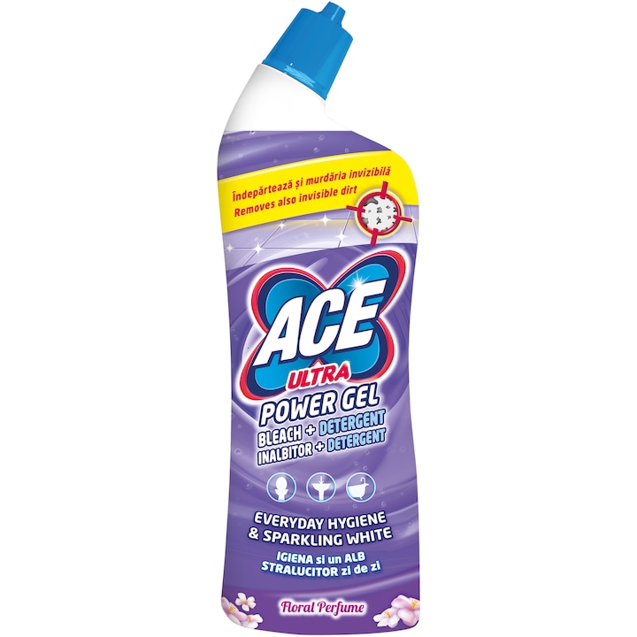 Почистващ препарат с белина и обезмаслител за тоалетна Ace Ultra Power gel Floral, 750 мл