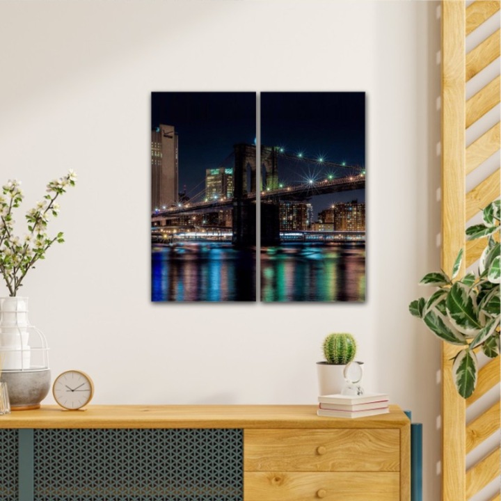 2 db Multicanvas festményből álló készlet, Brooklyn Bridge New York 466-ból, UV-nyomat PREMIUM COTTON vászonra (400 g/m2) és fa keretre feszítve (Profil 2X3,6cm), 60x60 cm