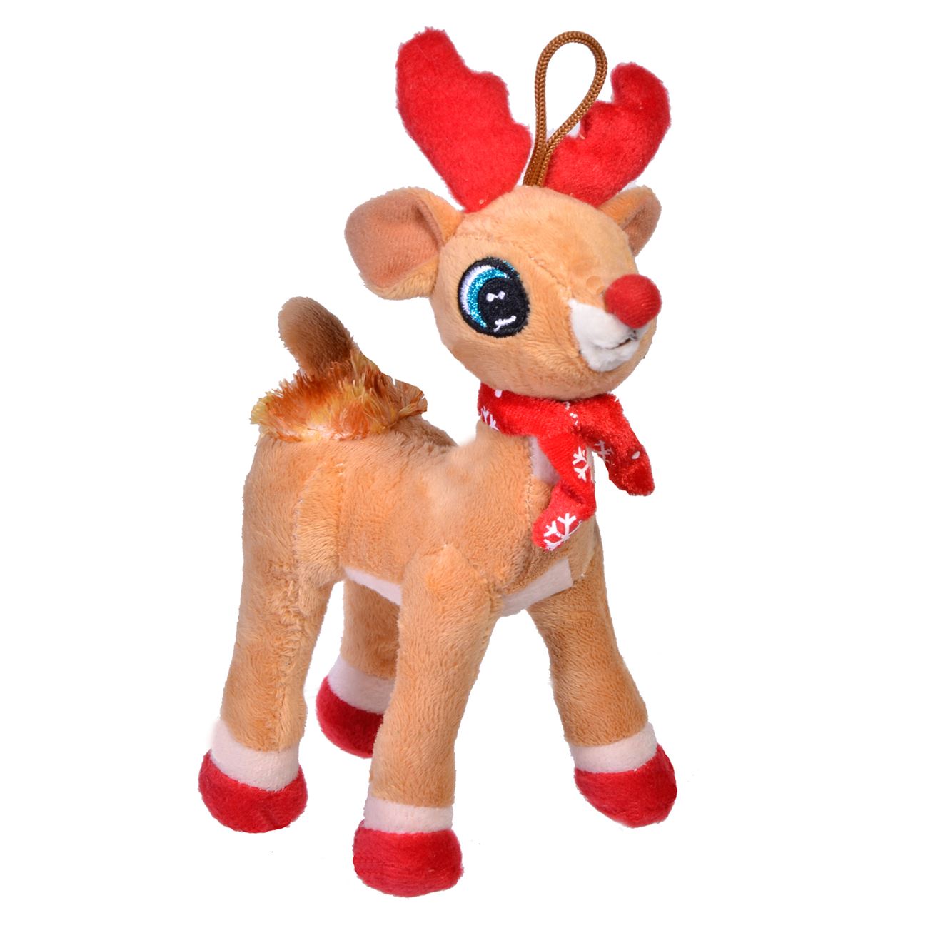 Ren din plus, Zola, maro cu fular rosu cu fulgi, 20cm