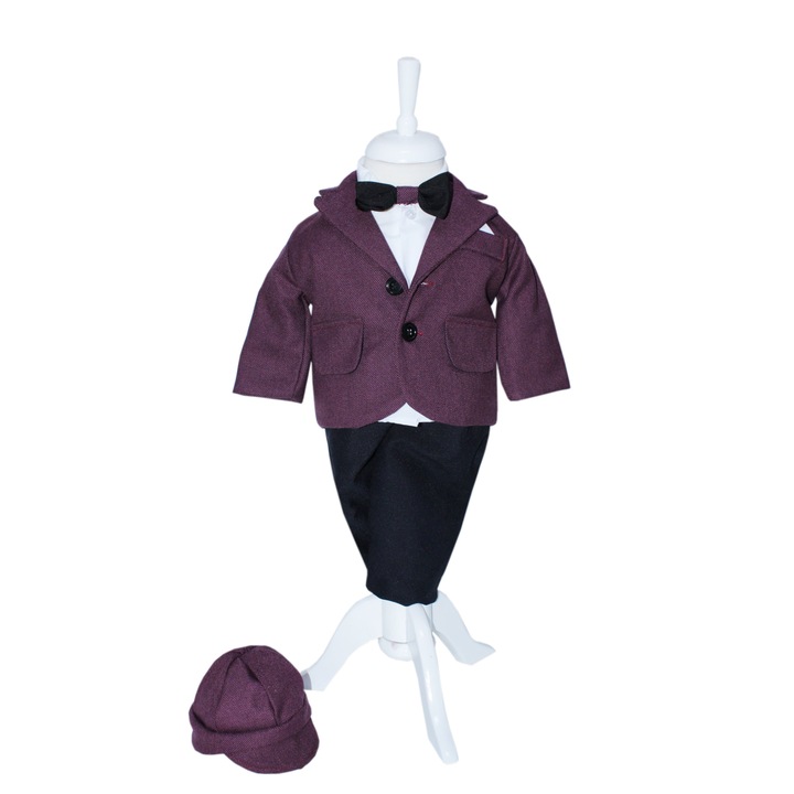Costum pentru botez, grena-negru, 5 piese, sacou, pantaloni, camasa, papion si bascuta, REC1659, 3-6 luni