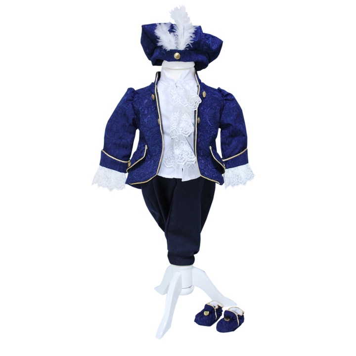 Costum de print pentru botez, bleumarin, 5 piese, sacou, pantaloni, camasa, botosei si bascuta, REC1661, 9-12 luni