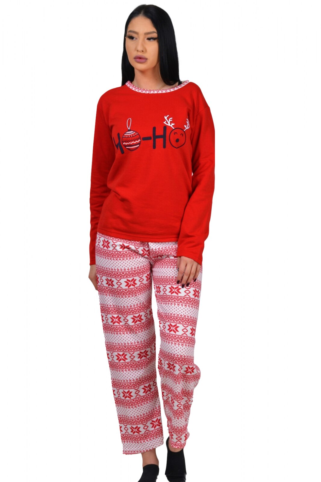 Pijama dama bumbac, confortabila, cu imprimeu Craciun Ho-Ho 1293, Rosu
