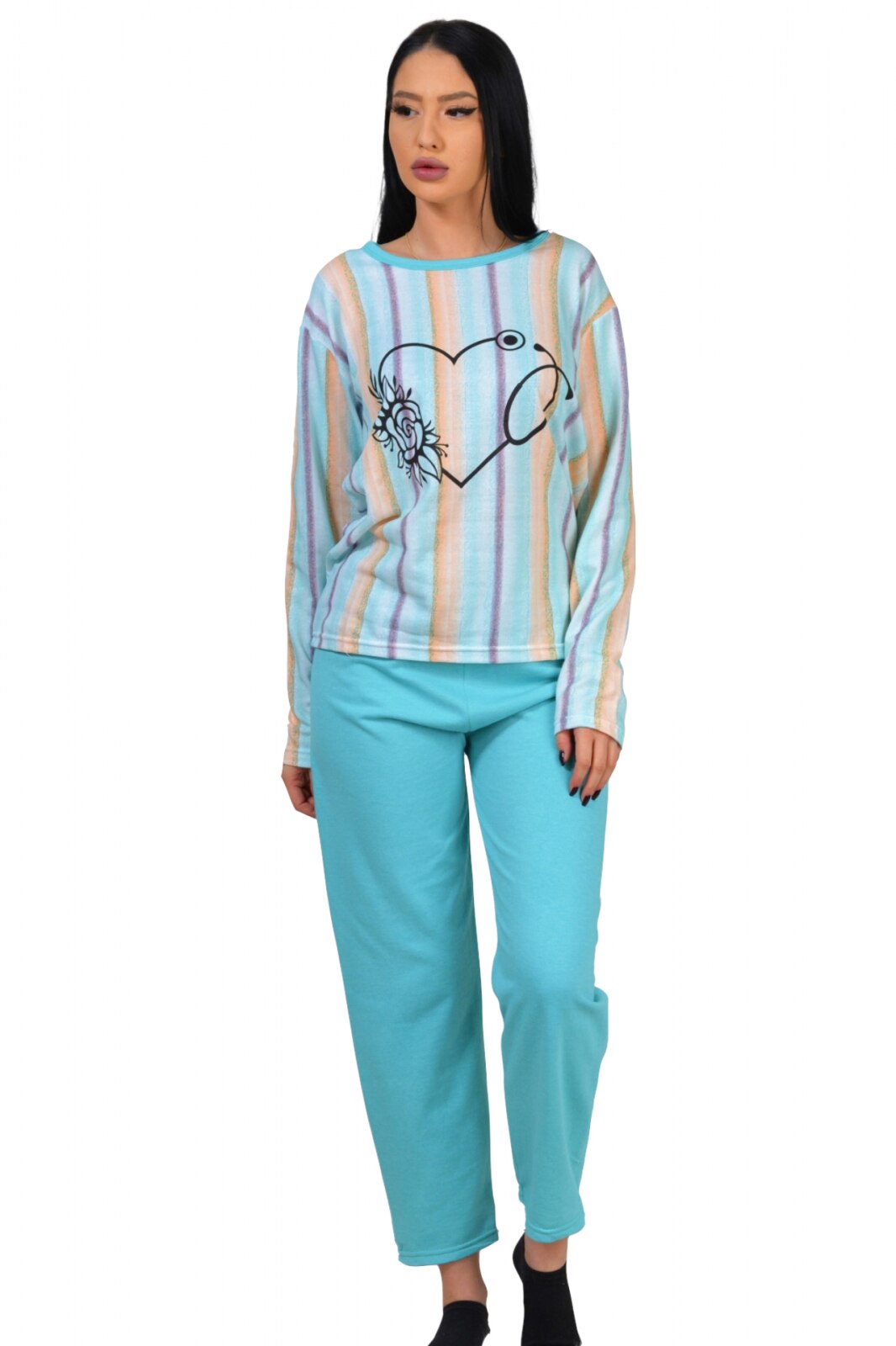 Pijama dama bumbac, confortabila, cu imprimeu Inimioara 1298, Albastru