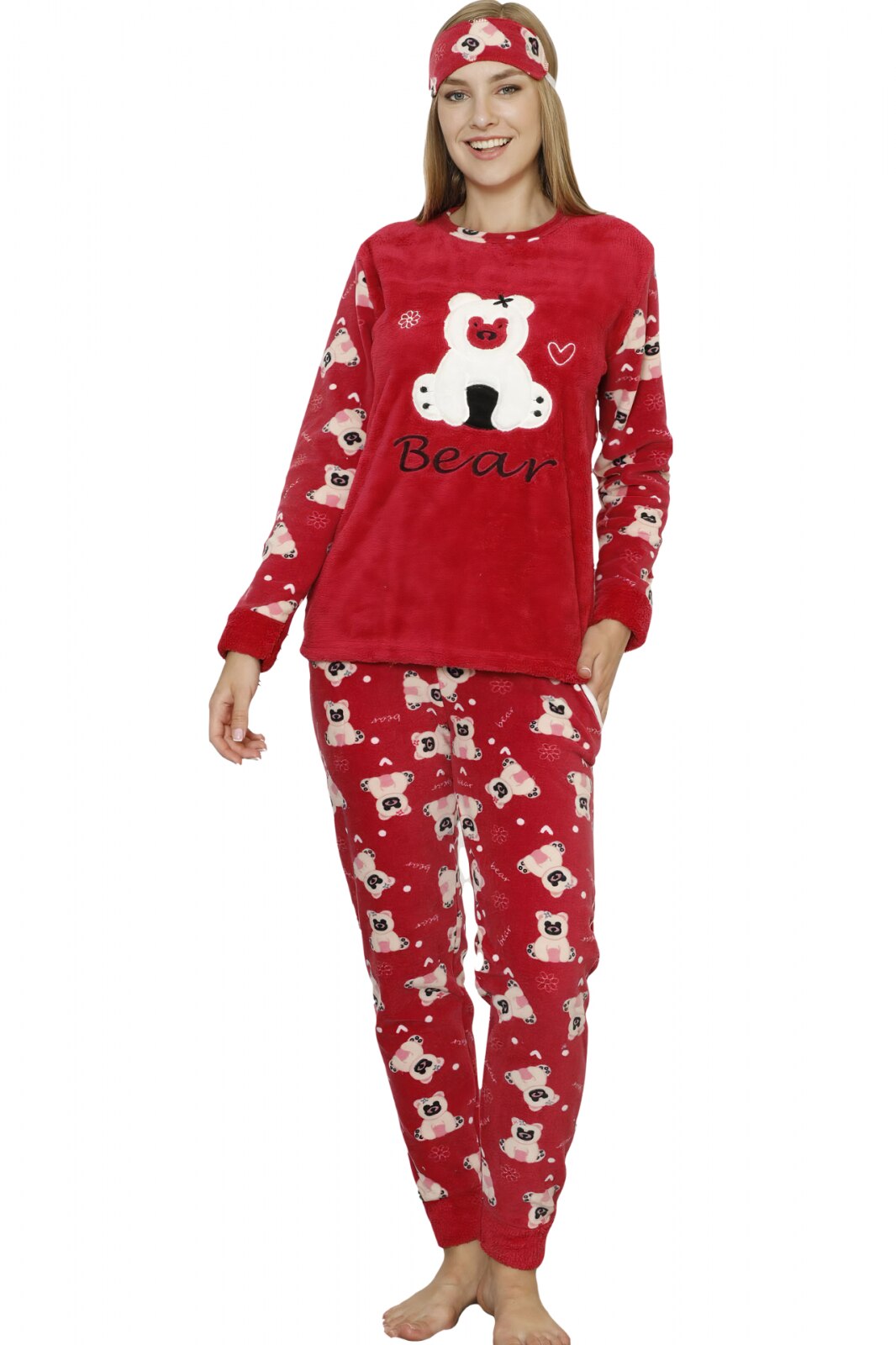 Pijama dama cocolino, pufoasa cu imprimeu Happy Bear rosu 1322, Rosu