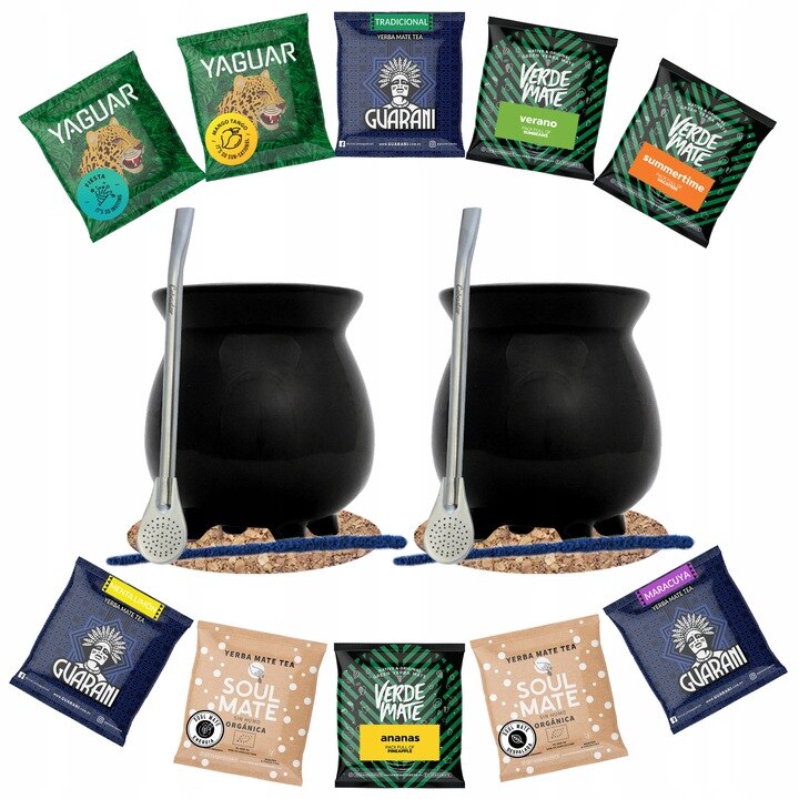 Set ceaiuri Cebador Yerba Mate Starter Kit for Two, 2 cani cu accesorii, 10 pliculete x 50 g