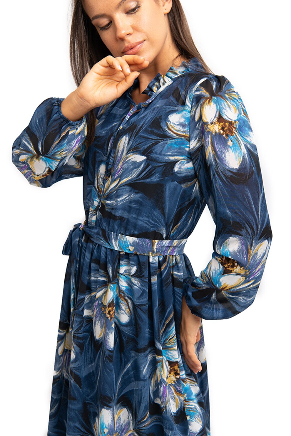 Couture de Marie, Rochie cu model floral Zahr, Albastru/Galben/Maro