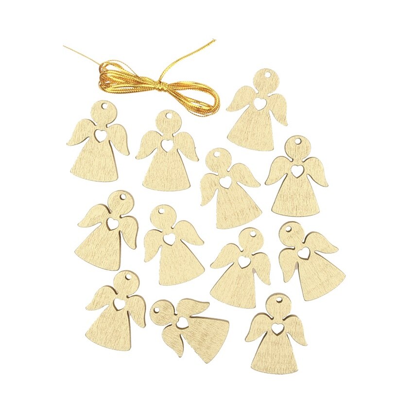 Set 12 ingerasi aurii din lemn, cu fir auriu pentru agatat, 3 cm
