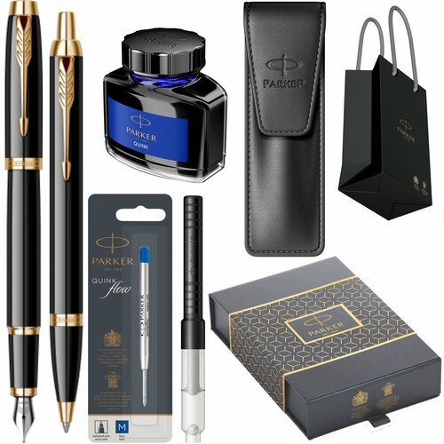Set Parker Personalizat prin Gravura Laser Stilou Pix IM Royal Black Lacquer GT in cutie duo, cu convertor montat, etui Leather Black, rezerva mina pix Quink Flow Blue, calimara cerneala si punga