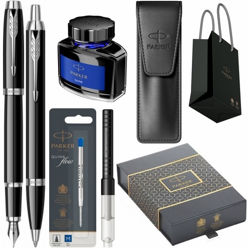 Set Parker Personalizat prin Gravura Laser Stilou Pix IM Royal Black Lacquer CT in cutie duo, cu convertor montat, etui Leather Black, rezerva mina pix Quink Flow Blue, calimara cerneala si punga