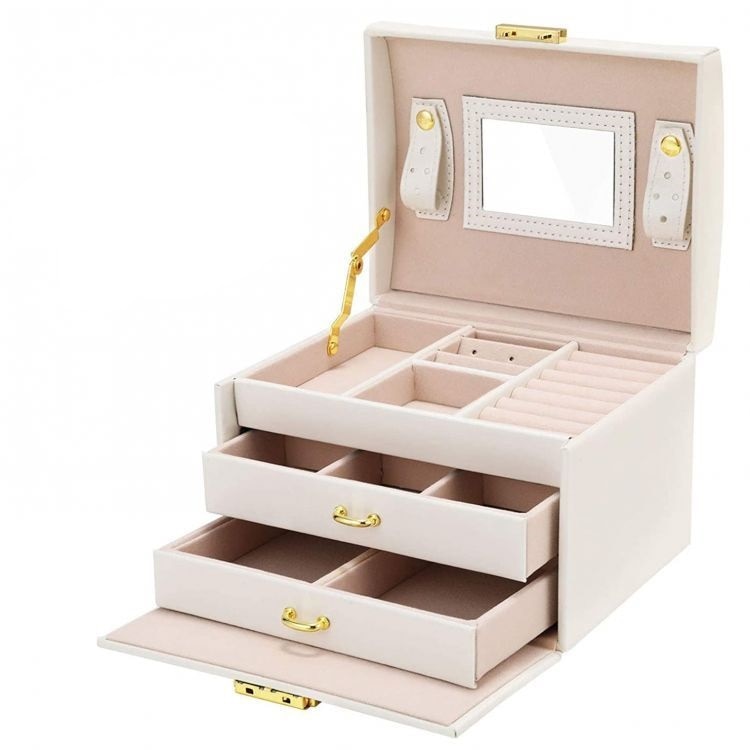 Cutie cu oglinda pentru bijuterii si accesorii din piele ecologica, alba