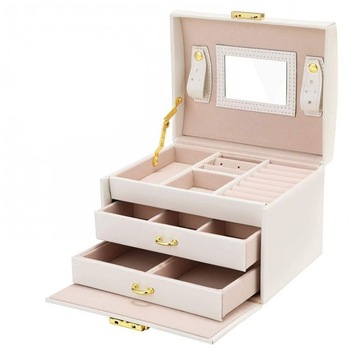 Cutie cu oglinda pentru bijuterii si accesorii din piele ecologica, alba Cutie cu oglinda pentru bijuterii si accesorii din piele ecologica, alba