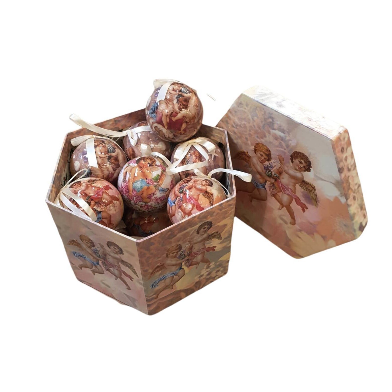 Set 14 globuri de craciun cu design Copii ingeri in cutie de cadou, 7cm