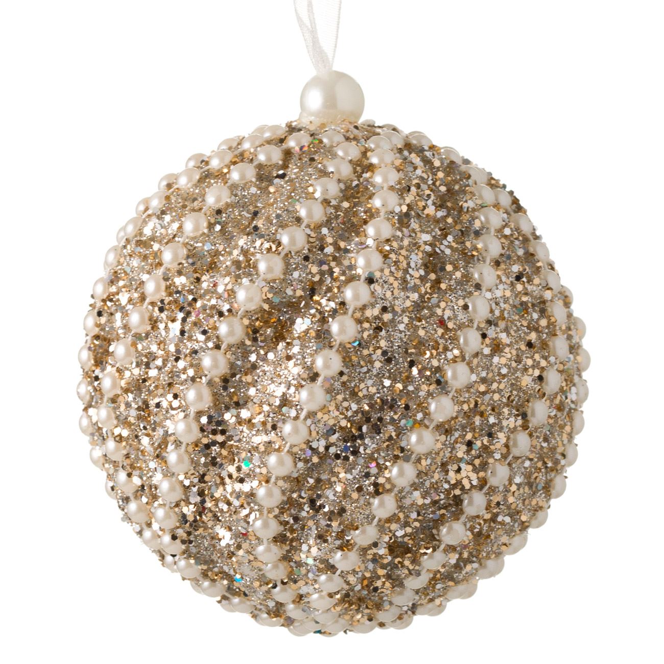 Glob pentru brad cu model unic Bej cu margele si sclipici , 8.1 cm