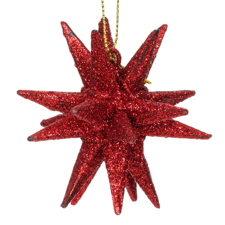 Glob ornamental pentru bradul de craciun in forma de fulg de nea 3D, xmas, Rosu, 9 cm