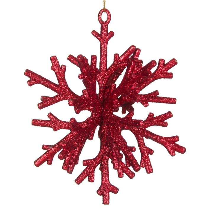 Glob ornamental pentru bradul de craciun in forma de fulg de nea 3D, xmas, Rosu, 15 cm