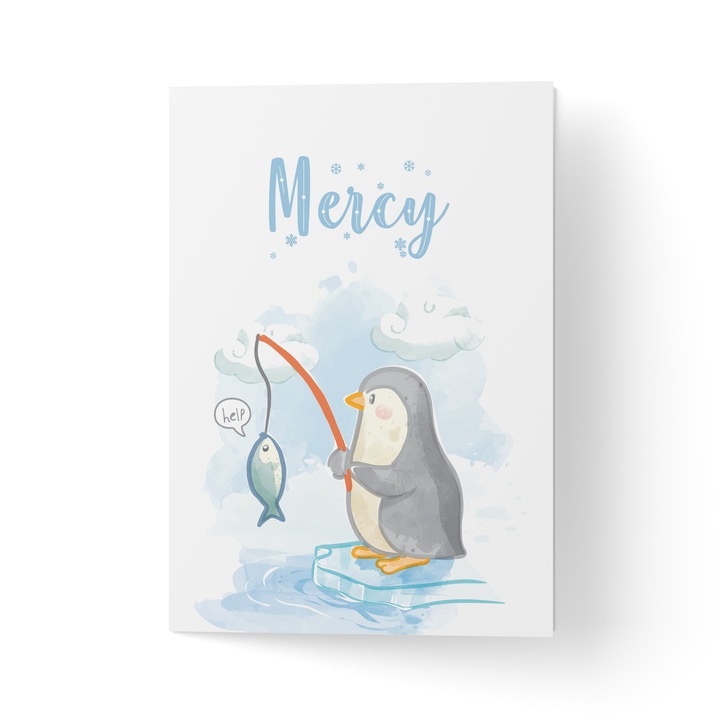 Üdvözlőlap borítékkal, prémium texturált papír - horgászó pingvin