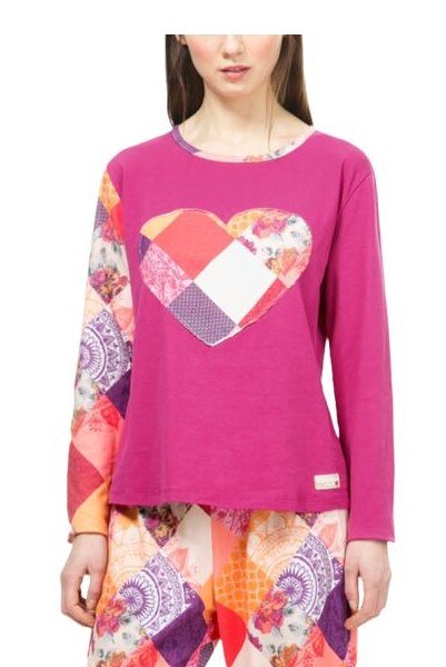 Bluza de pijama cu imprimeu, Desigual-Ts Ls Romantic Patch, Fucsia, XL