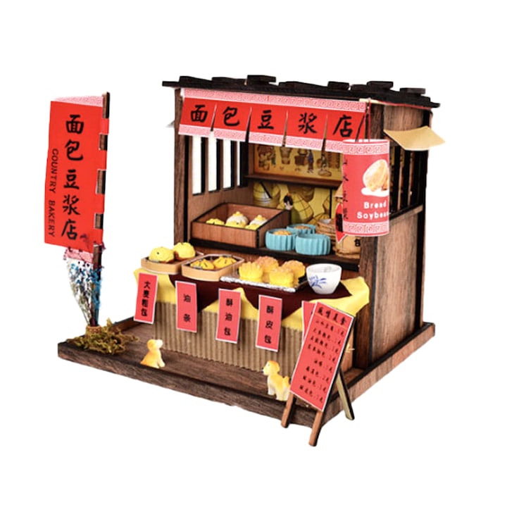 Összeszerelő doboz modell, kínai bolt, 18,5 cm x 17 cm x 17,5 cm, barkács miniatűr, LED izzók, Habarri, Multicolor