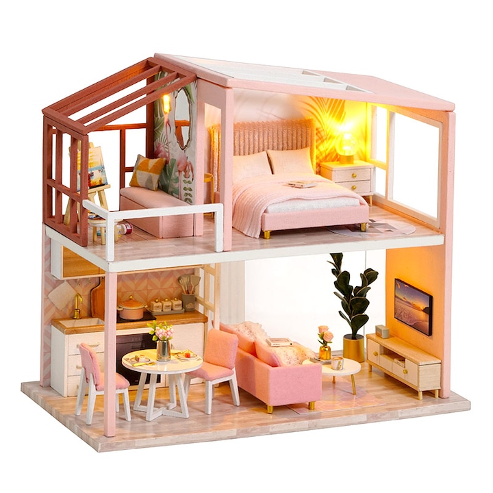 Szerelőház modell, rózsaszín skandinávia, 17 cm x 10 cm x 15,4 cm, barkács miniatűr, LED izzók, Habarri