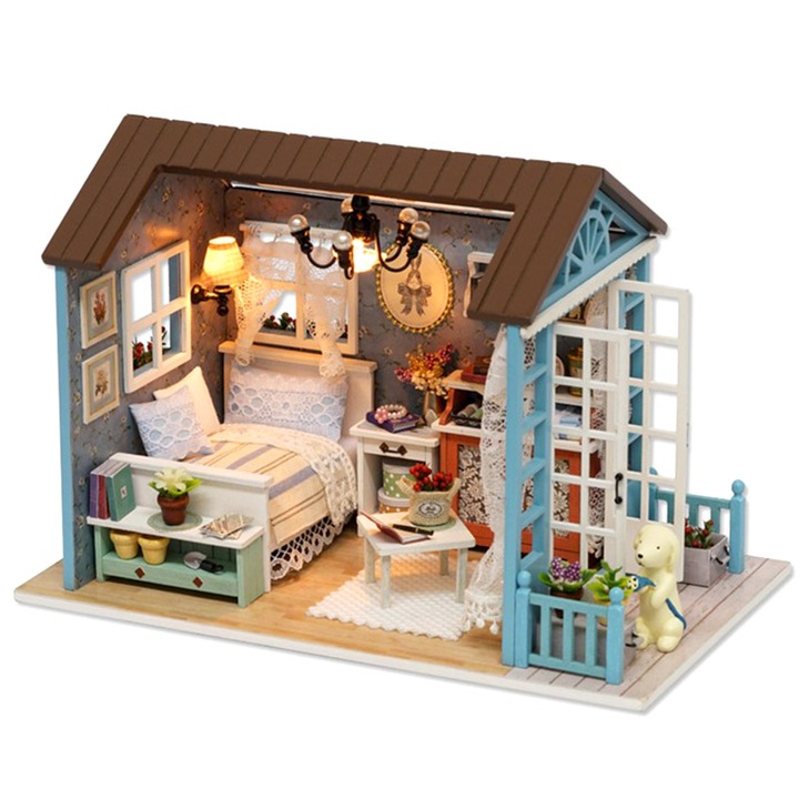 Макет къща за сглобяване Habarri, Миниатюра DIY, LED крушки, Многоцветен, 21 x 12,5 x 14,5 см