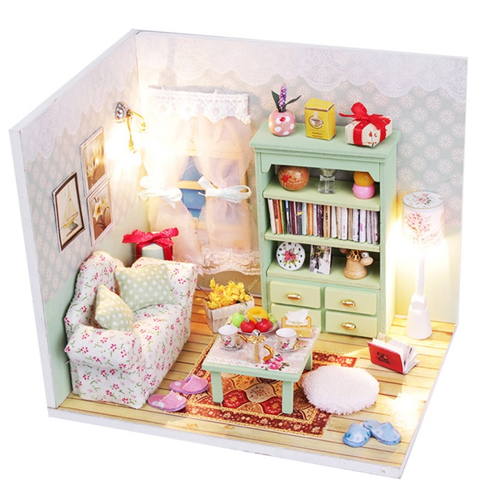 Макет къща за сглобяване Habarri, Миниатюра DIY, LED крушки, Многоцветен, 14,6 x 10,5 x 12,2 см