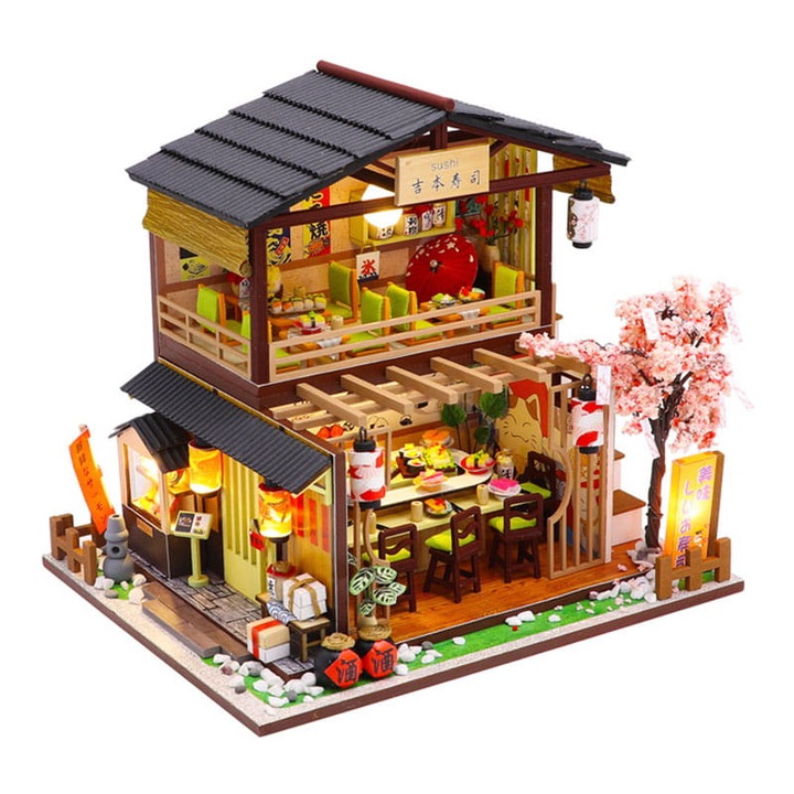 Szerelőház modell, sushi, 27 cm x 17,5 cm x 19,5 cm, barkács miniatűr, LED izzók, Habarri, Multicolor