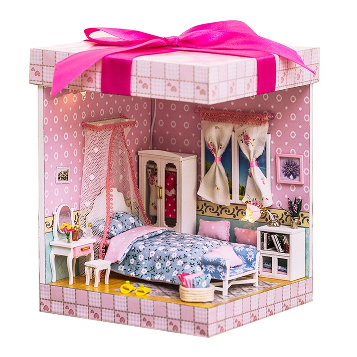 Макет за сглобяване Habarri, Миниатюра DIY, LED крушки, Розов, 15,2 x 15,2 x 19 см