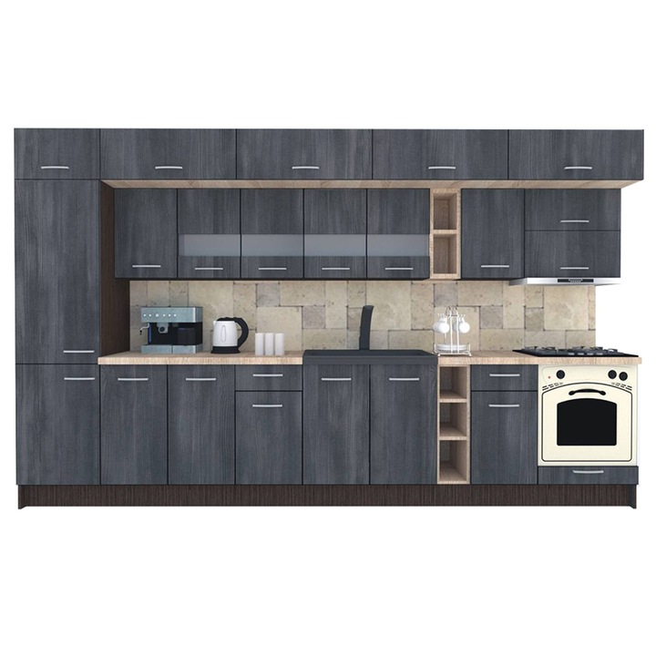 Set Bucatarie Genarom BIGMAR 370 B, 370 x 225,5 x 60 cm, Wenge / Decor 8509