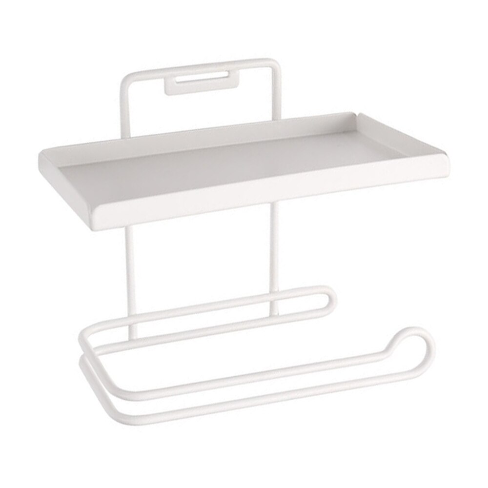 Suport hartie igienica cu raft depozitare telefon, Quasar & Co., prindere prin agatare sau lipire, metal, 16 x 9 x 14 cm, alb
